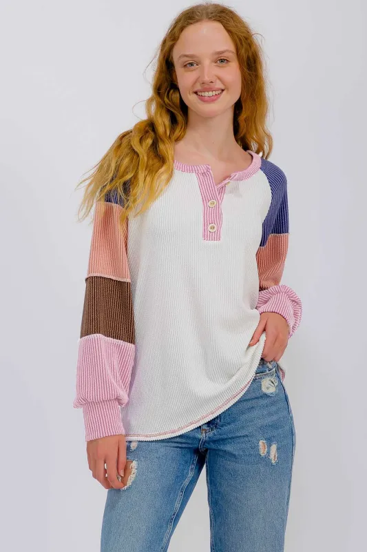 Pink Textured Rib Colorblock Raglan Long Sleeve sold by Pinkblush