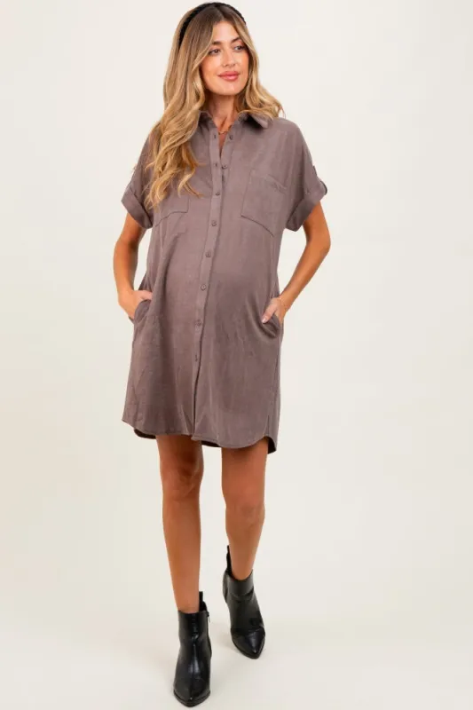 Mocha Faux Suede Button Down Maternity Shirt Dress sold by Pinkblush