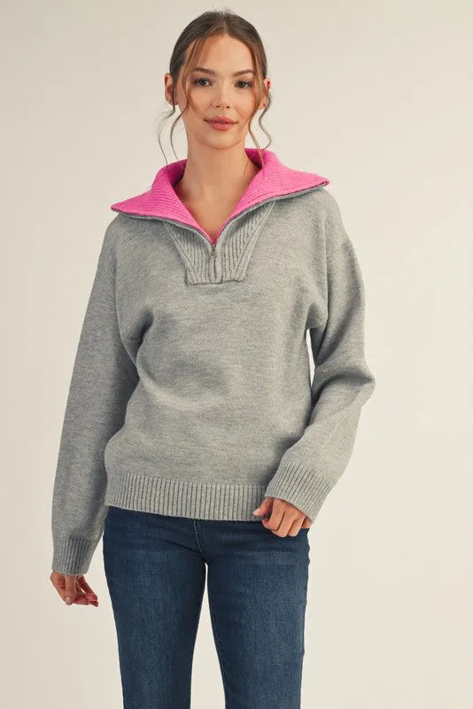 Heather Grey Contrast Collar Half Zip Sweater sold by Pinkblush