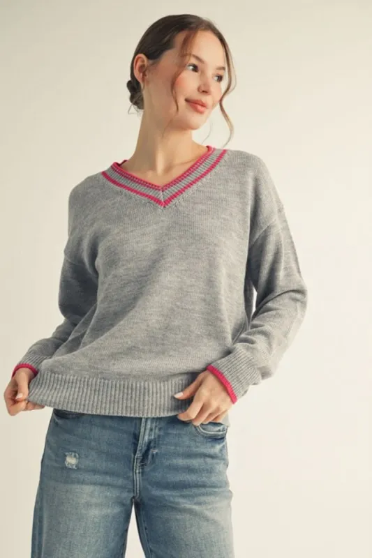 Heather Grey Contrast Detail V-Neck Sweater sold by Pinkblush