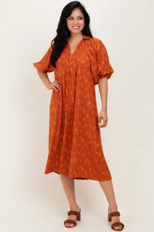 Rust Jacquard Texture V-Neck Midi Dress sold by Pinkblush