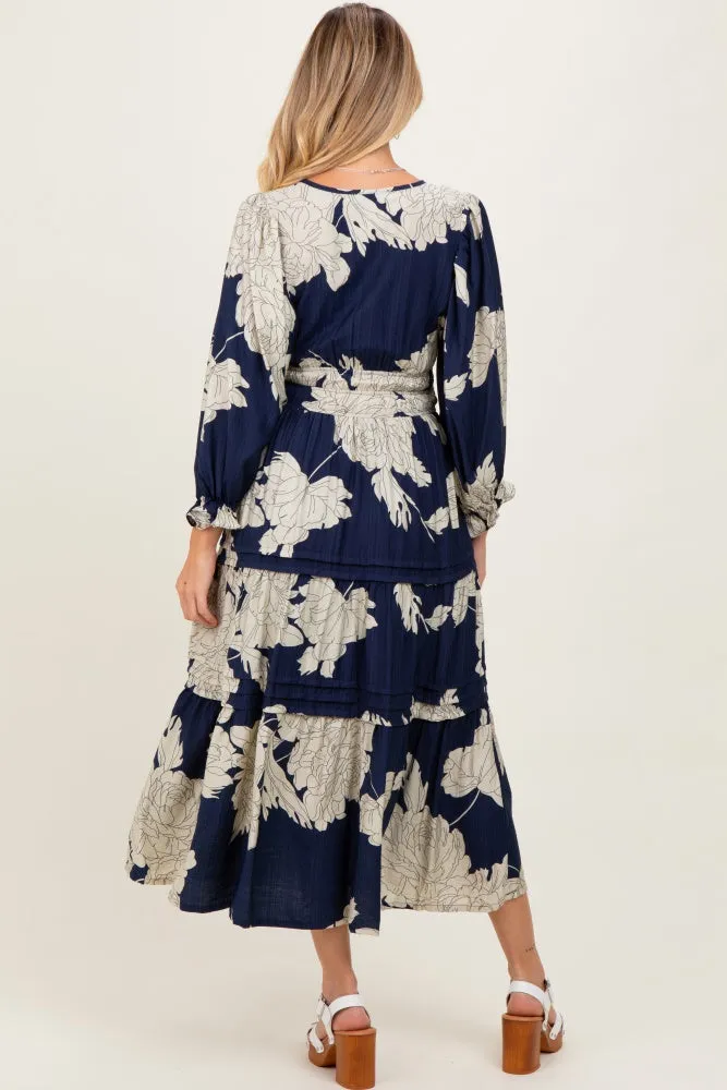 Navy Floral Long 3/4 Sleeve Tiered Maternity Midi Dress sold by Pinkblush product image thumbnail 2