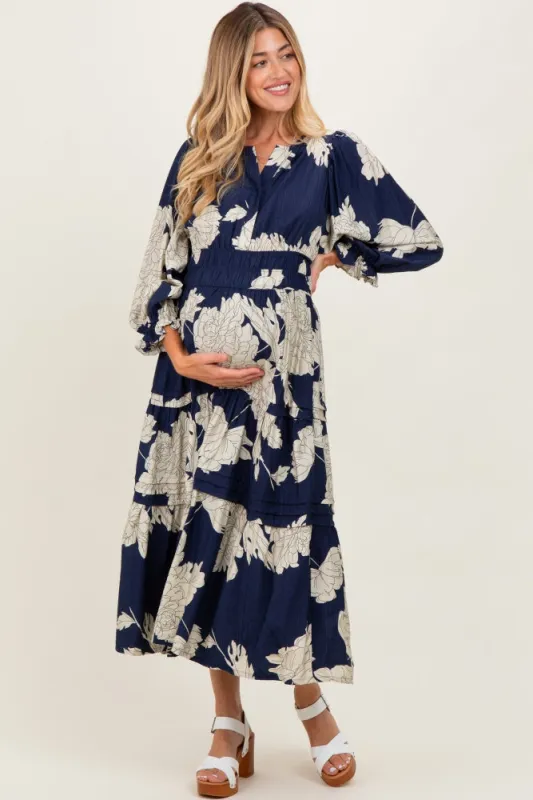 Navy Floral Long 3/4 Sleeve Tiered Maternity Midi Dress sold by Pinkblush