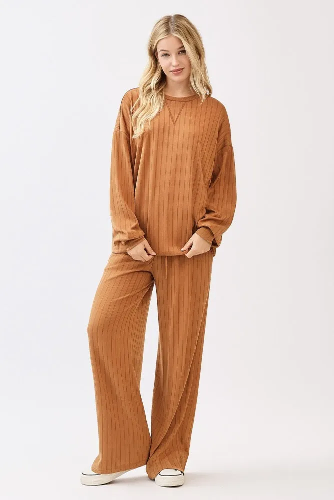 Camel Ribbed Knit Bubble Sleeve Pullover Top sold by Pinkblush