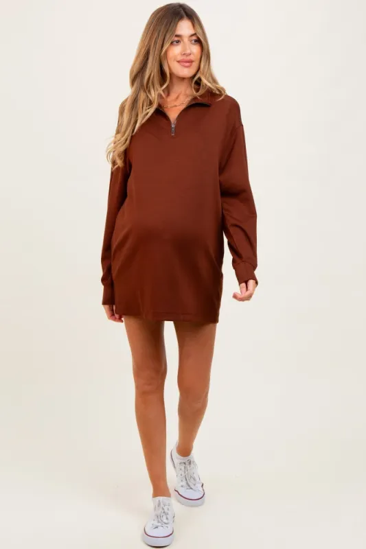 Brown Half Zip Long Sleeve Maternity Mini Dress sold by Pinkblush