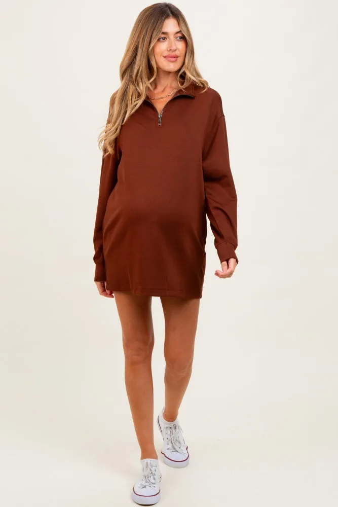 Brown Half Zip Long Sleeve Maternity Mini Dress sold by Pinkblush