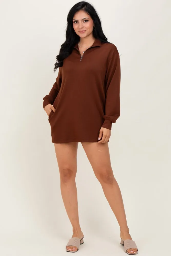 Brown Half Zip Long Sleeve Maternity Mini Dress sold by Pinkblush product image thumbnail 5