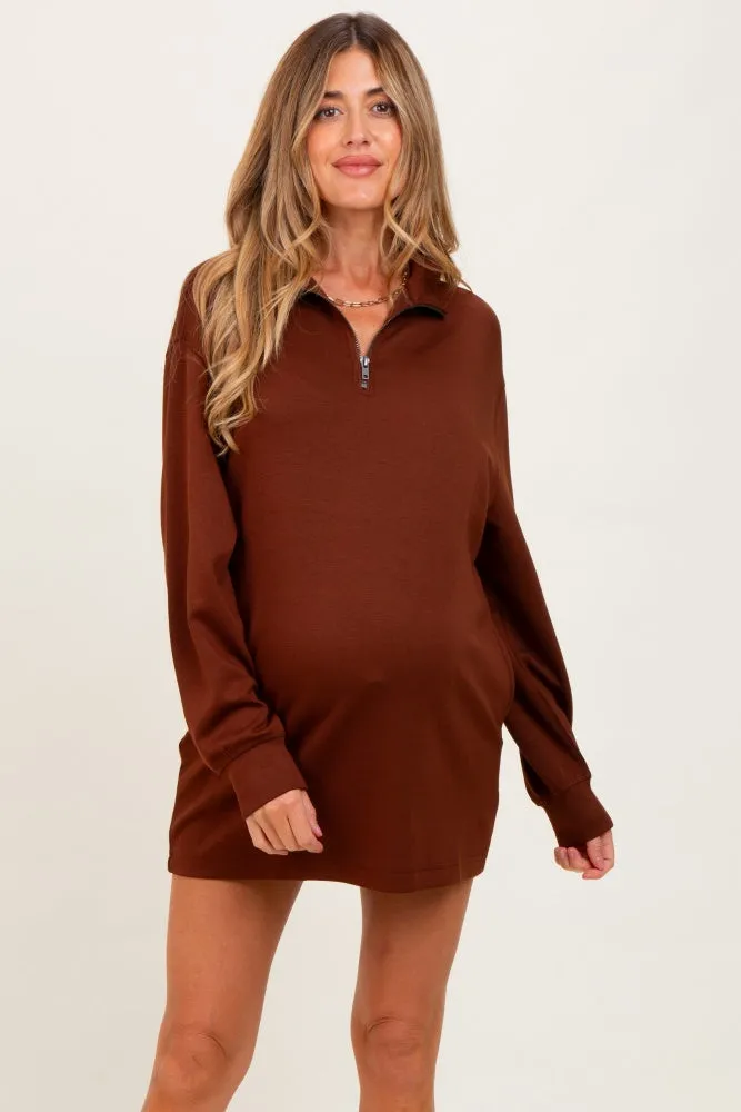 Brown Half Zip Long Sleeve Maternity Mini Dress sold by Pinkblush product image thumbnail 2