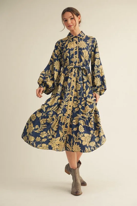 Navy Floral Button Down Bubble Sleeve Shirt Dress sold by Pinkblush