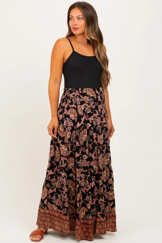 Black Paisley Smocked Waist Tiered Maternity Maxi Skirt sold by Pinkblush