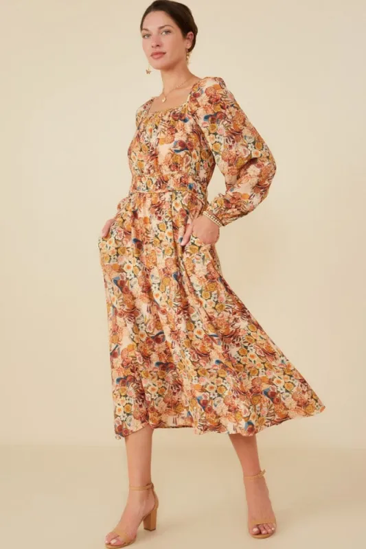 Cream Floral Fruit Smocked Waist Midi Dress sold by Pinkblush