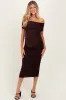 Brown Off Shoulder Ruched Maternity Midi Dress sold by Pinkblush