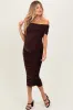 Brown Off Shoulder Ruched Maternity Midi Dress sold by Pinkblush