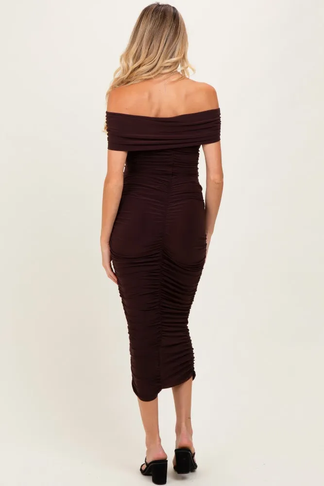 Brown Off Shoulder Ruched Maternity Midi Dress sold by Pinkblush product image thumbnail 3