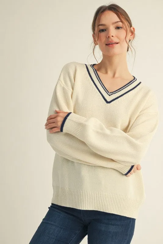 Cream Contrast Detail V-Neck Sweater sold by Pinkblush