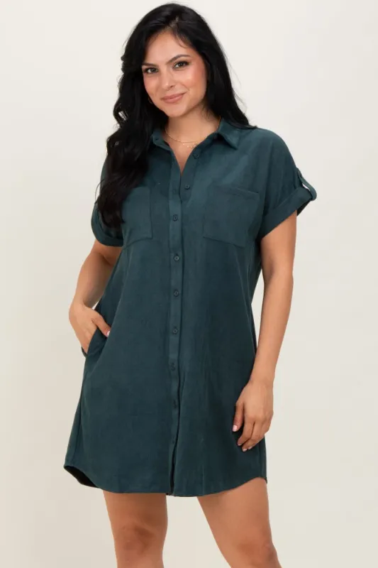 Forest Green Faux Suede Button Down Shirt Dress sold by Pinkblush