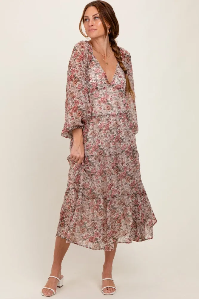 Cream Floral Deep V-Neck Tiered Maxi Dress sold by Pinkblush product image thumbnail 2
