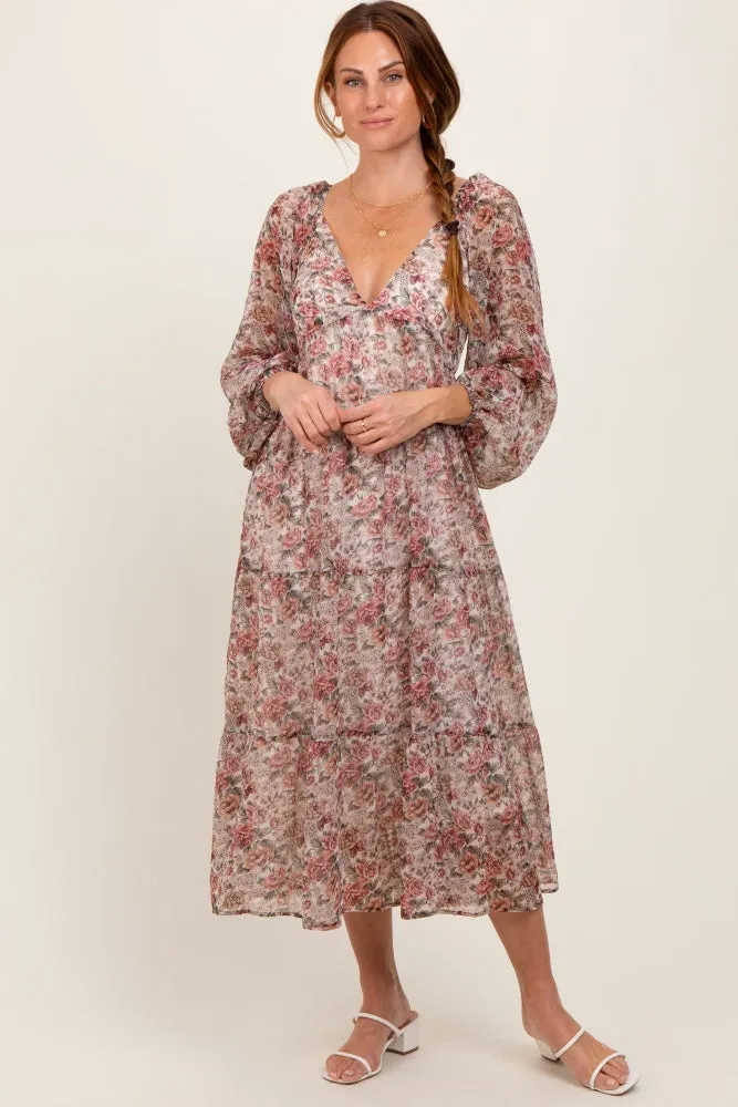 Cream Floral Deep V-Neck Tiered Maxi Dress sold by Pinkblush