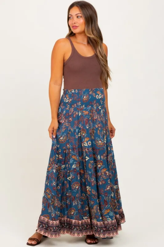 Dark Teal Smocked Waist Tiered Maternity Maxi Skirt sold by Pinkblush