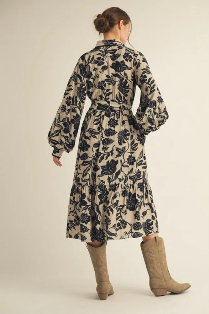 Beige Floral Button Down Bubble Sleeve Shirt Dress sold by Pinkblush product image thumbnail 3