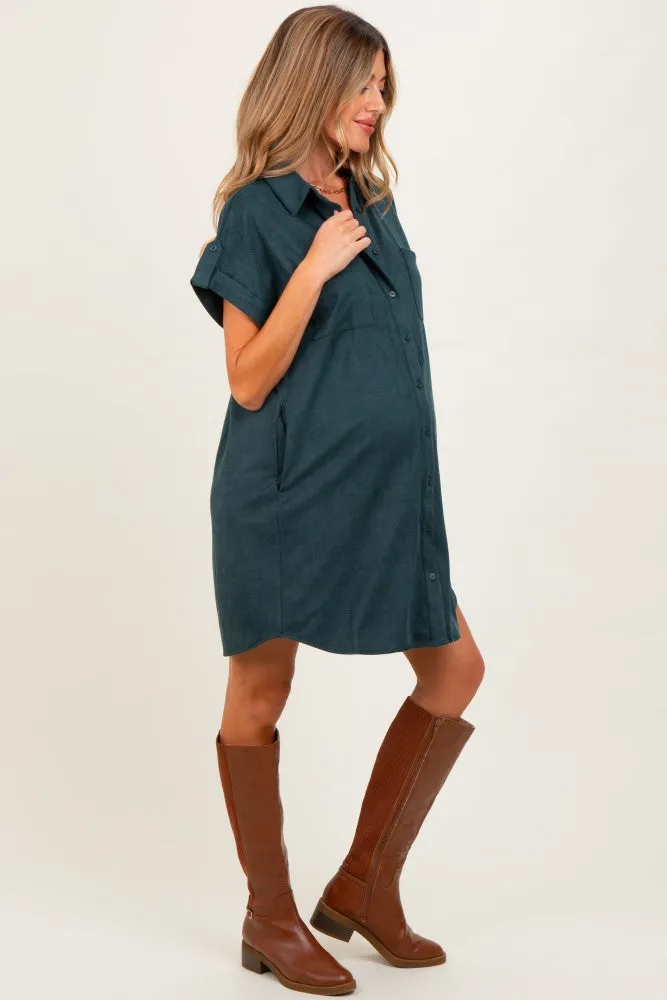 Forest Green Faux Suede Button Down Maternity Shirt Dress sold by Pinkblush product image thumbnail 3