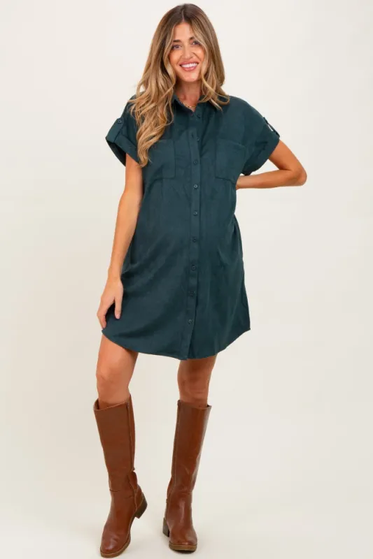 Forest Green Faux Suede Button Down Maternity Shirt Dress sold by Pinkblush