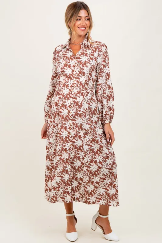 Camel Floral Button Down Long Sleeve Maternity Midi Dress sold by Pinkblush