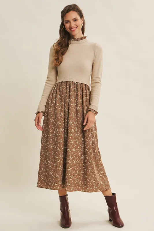 Beige Floral Contrast Knit Top Midi Dress sold by Pinkblush