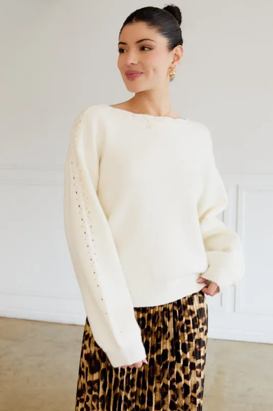 Cream Boat Neck Pointelle Detail Sweater sold by Pinkblush