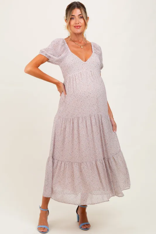 Light Taupe Floral Chiffon Tiered Maternity Maxi Dress sold by Pinkblush