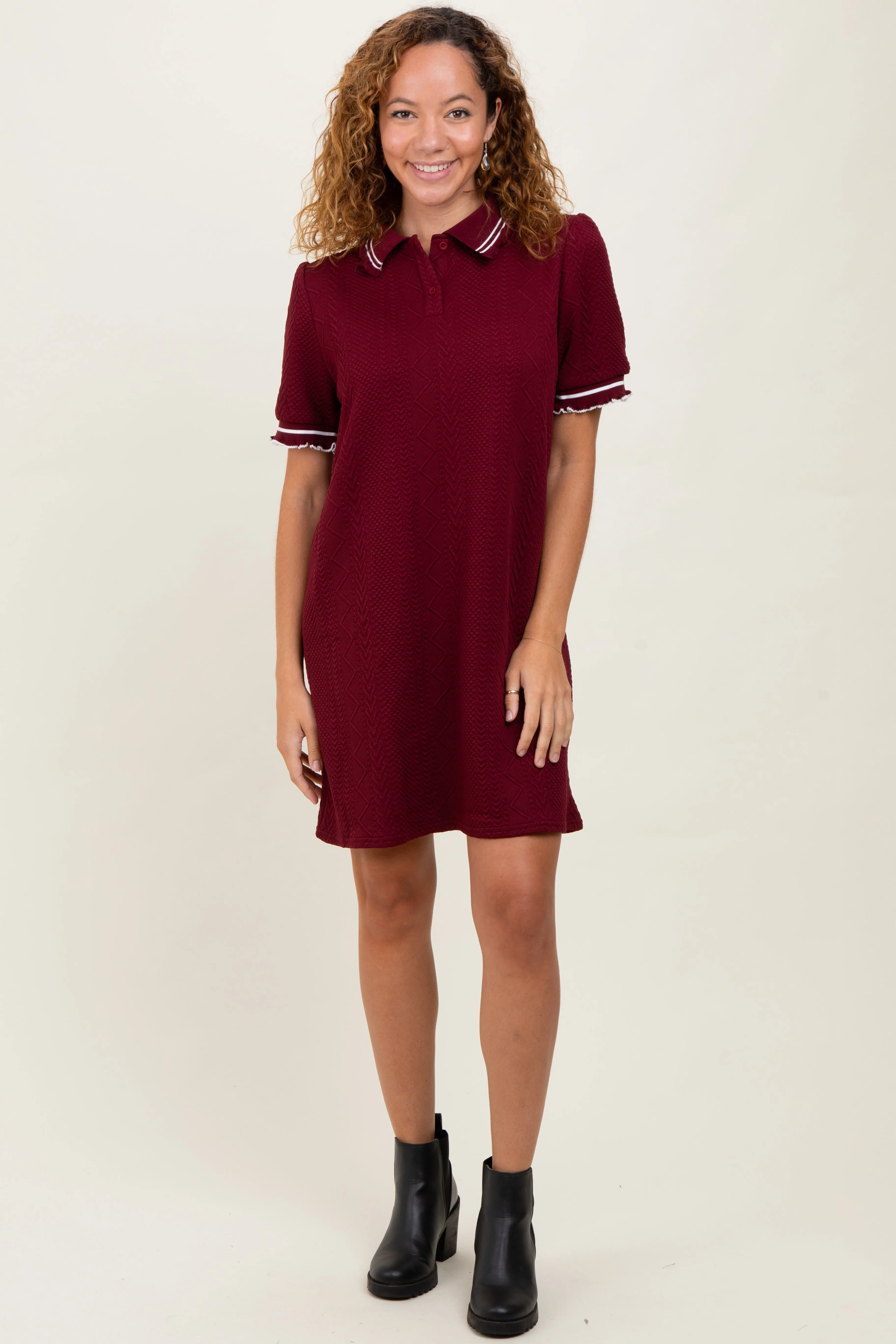 Burgundy Jacquard Ruffle Accent Maternity Polo Dress sold by Pinkblush product image thumbnail 4