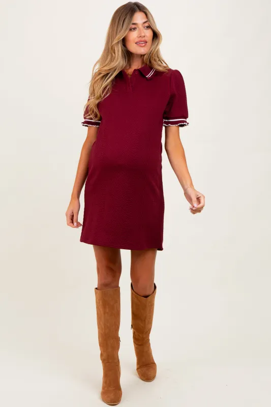 Burgundy Jacquard Ruffle Accent Maternity Polo Dress sold by Pinkblush