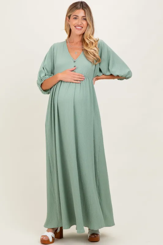 Sage Solid Woven 3/4 Sleeve V-Neck Button Down Maternity Maxi Dress sold by Pinkblush