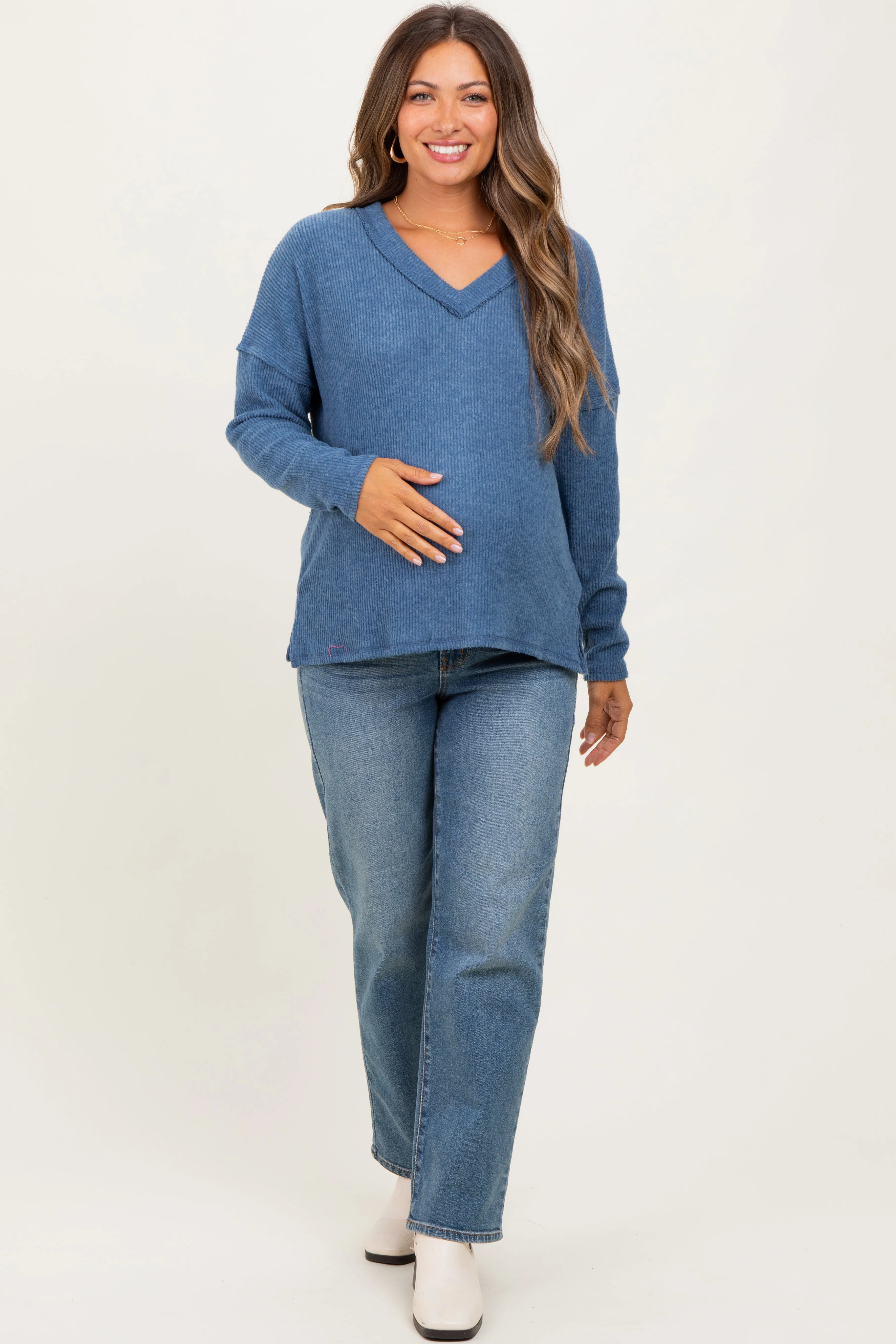 Dusty Blue Ribbed V-Neck Long Sleeve Maternity Top sold by Pinkblush product image thumbnail 2