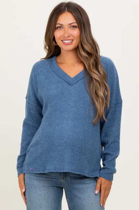 Dusty Blue Ribbed V-Neck Long Sleeve Maternity Top sold by Pinkblush