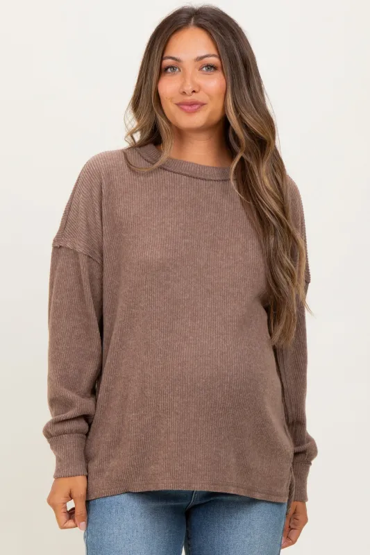Mocha Brushed Ribbed Knit Maternity Pullover sold by Pinkblush