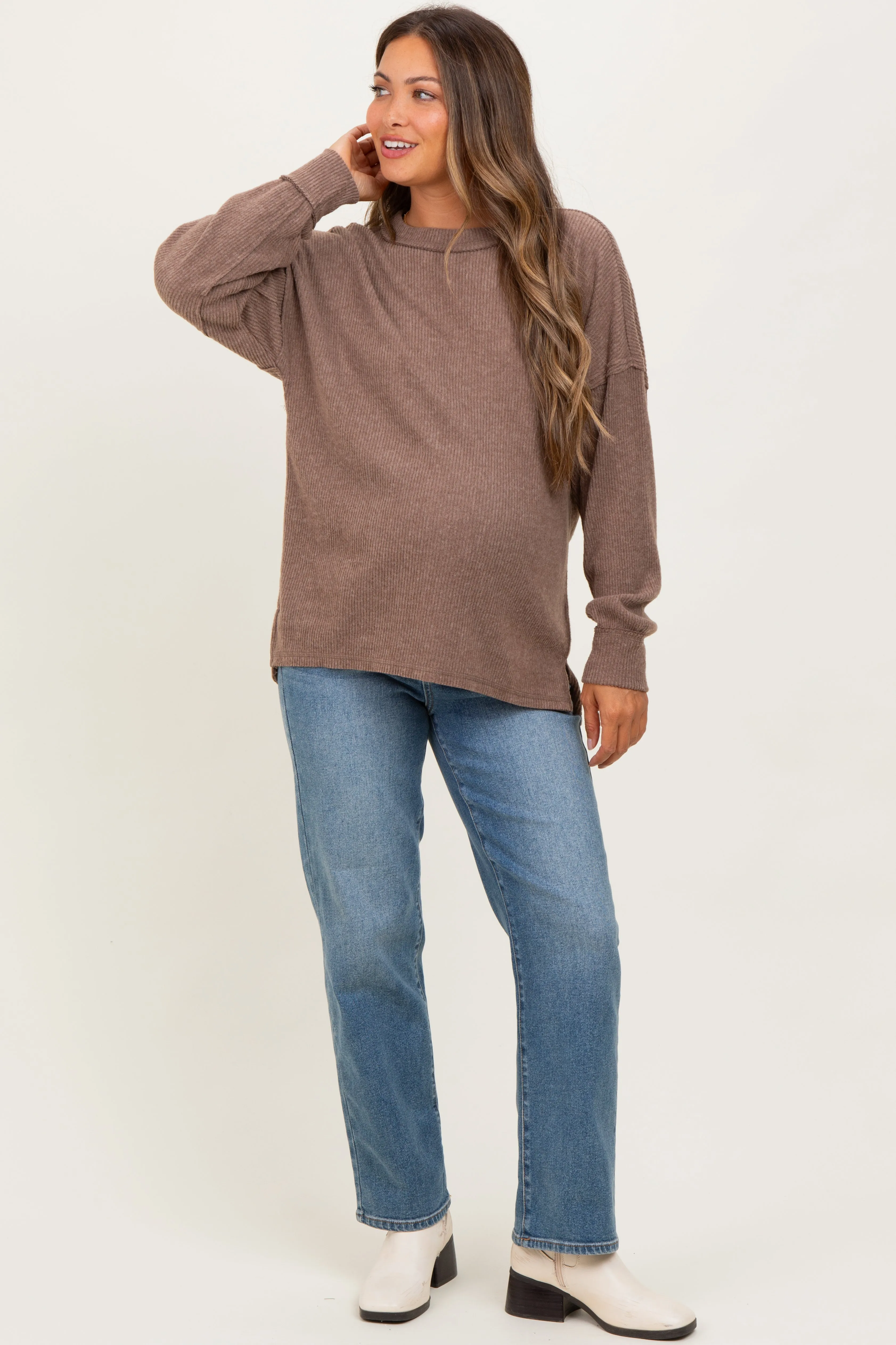 Mocha Brushed Ribbed Knit Maternity Pullover sold by Pinkblush product image thumbnail 2