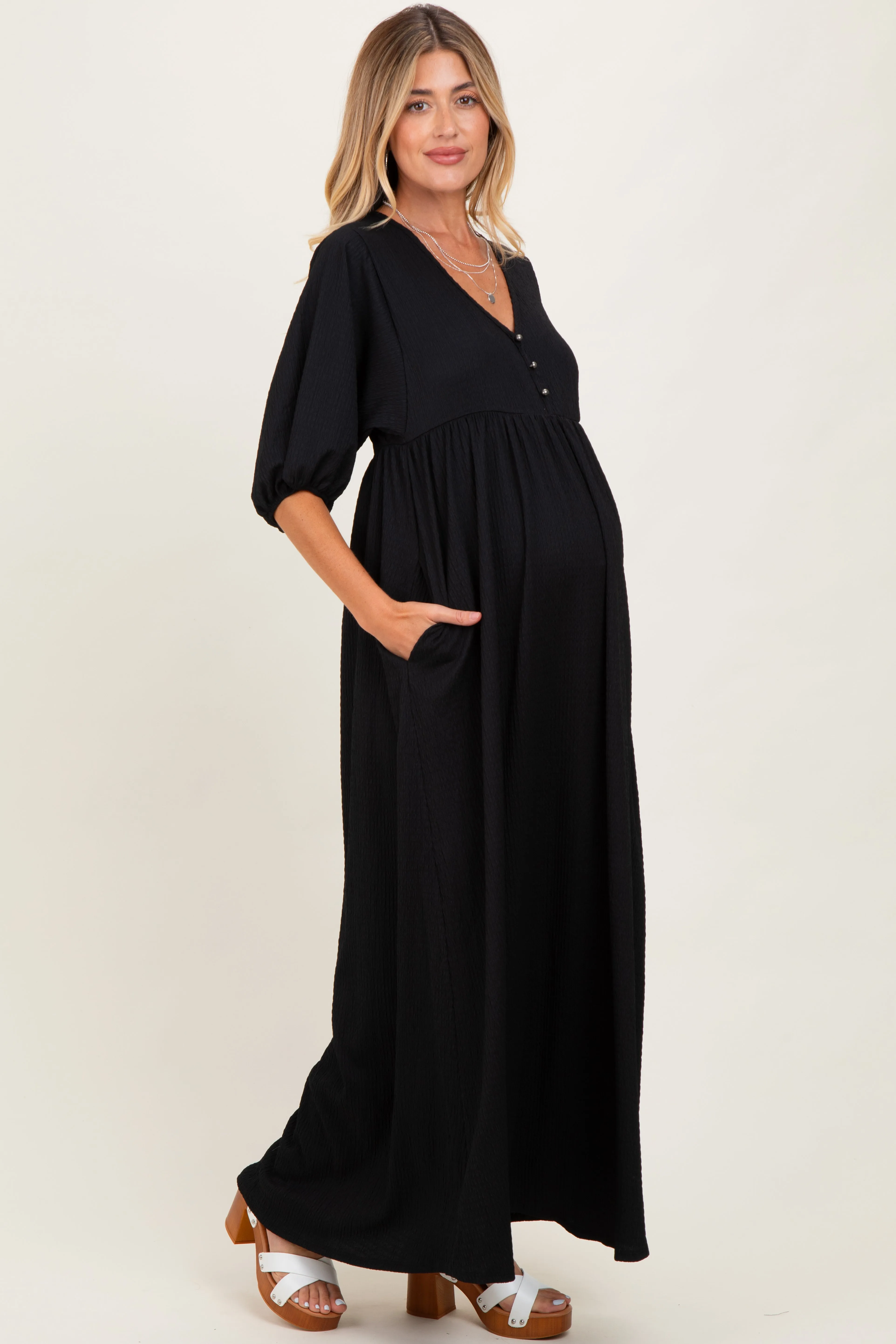 Black Solid Woven 3/4 Sleeve V-Neck Button Down Maternity Maxi Dress sold by Pinkblush product image thumbnail 3