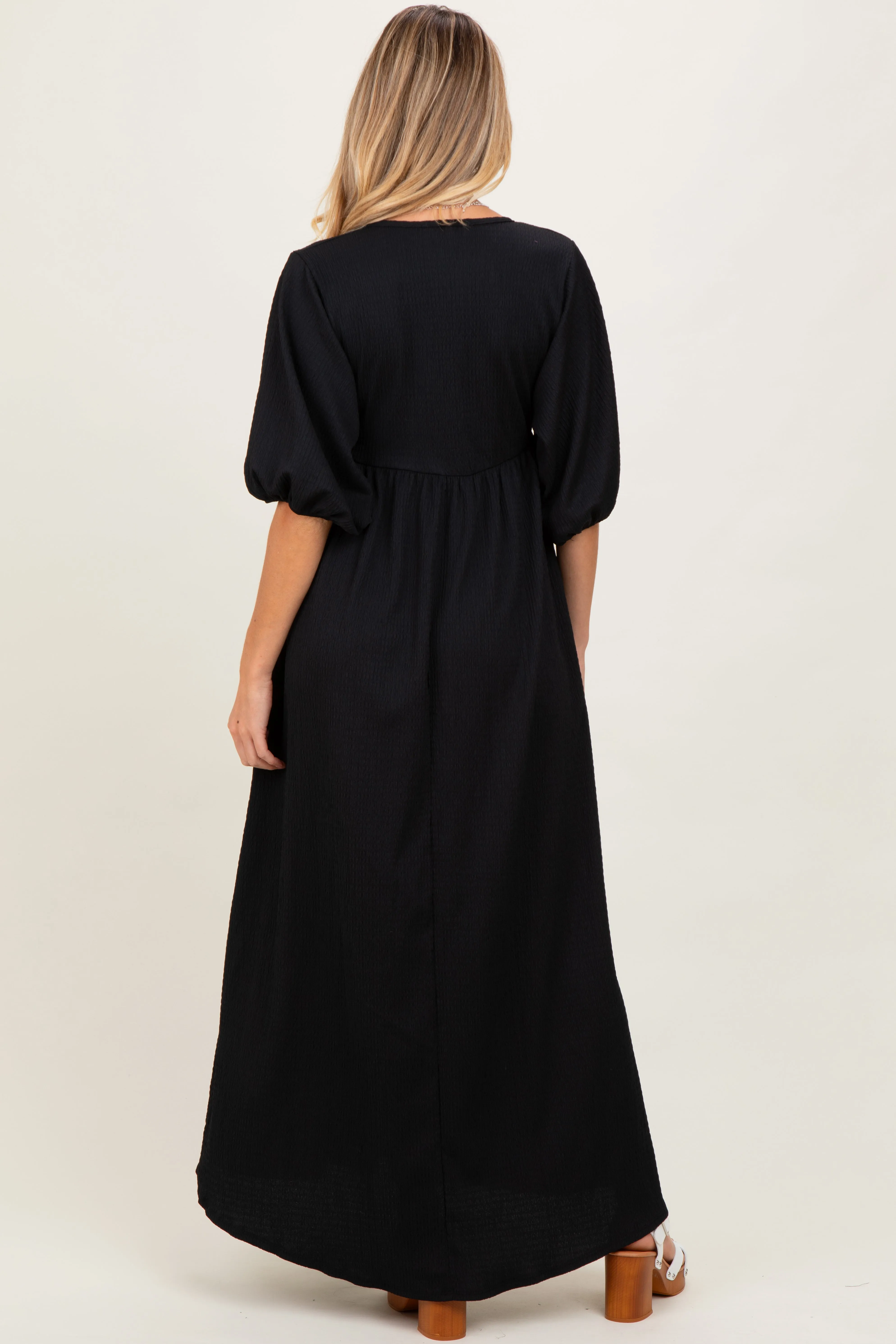Black Solid Woven 3/4 Sleeve V-Neck Button Down Maternity Maxi Dress sold by Pinkblush product image thumbnail 4