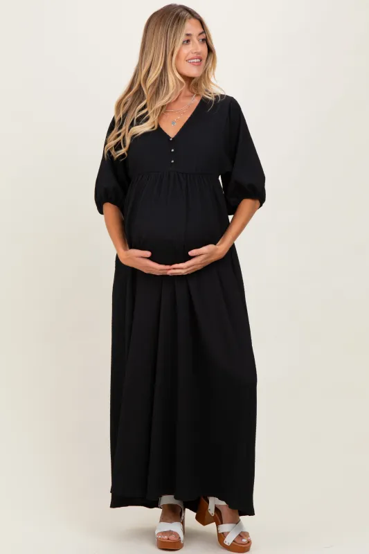 Black Solid Woven 3/4 Sleeve V-Neck Button Down Maternity Maxi Dress sold by Pinkblush