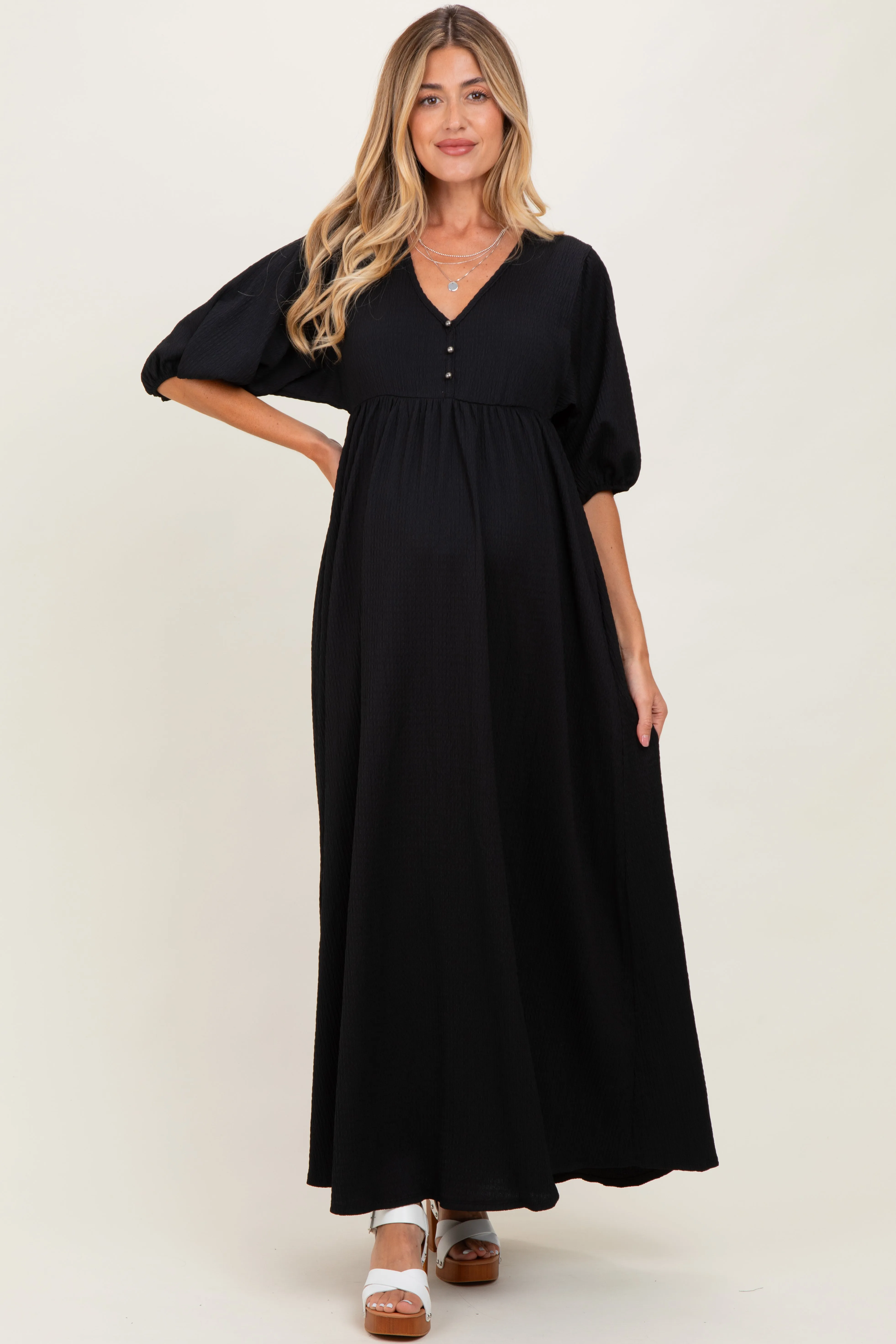 Black Solid Woven 3/4 Sleeve V-Neck Button Down Maternity Maxi Dress sold by Pinkblush product image thumbnail 2