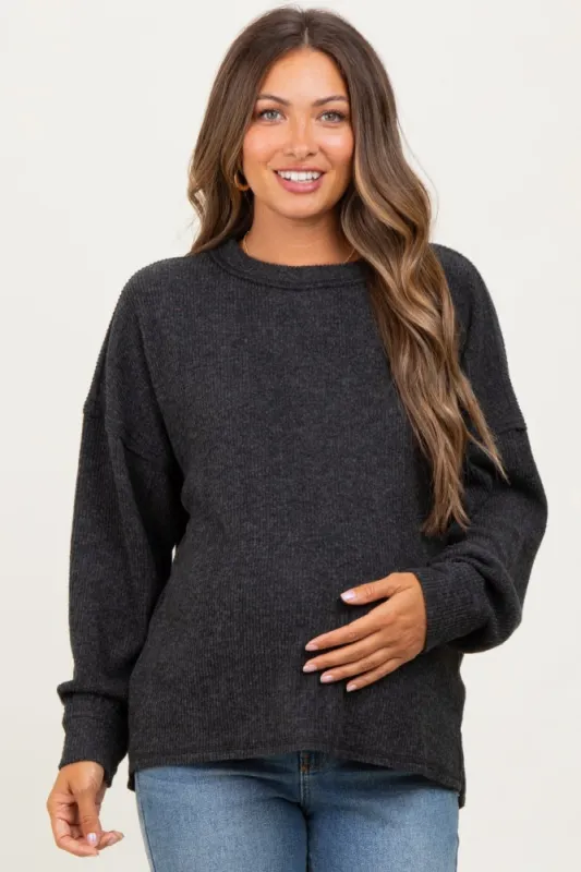 Black Brushed Ribbed Knit Maternity Pullover sold by Pinkblush