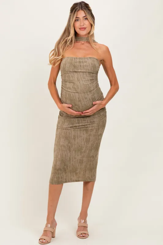 Olive Brushed Print Ruched Maternity Midi Dress sold by Pinkblush