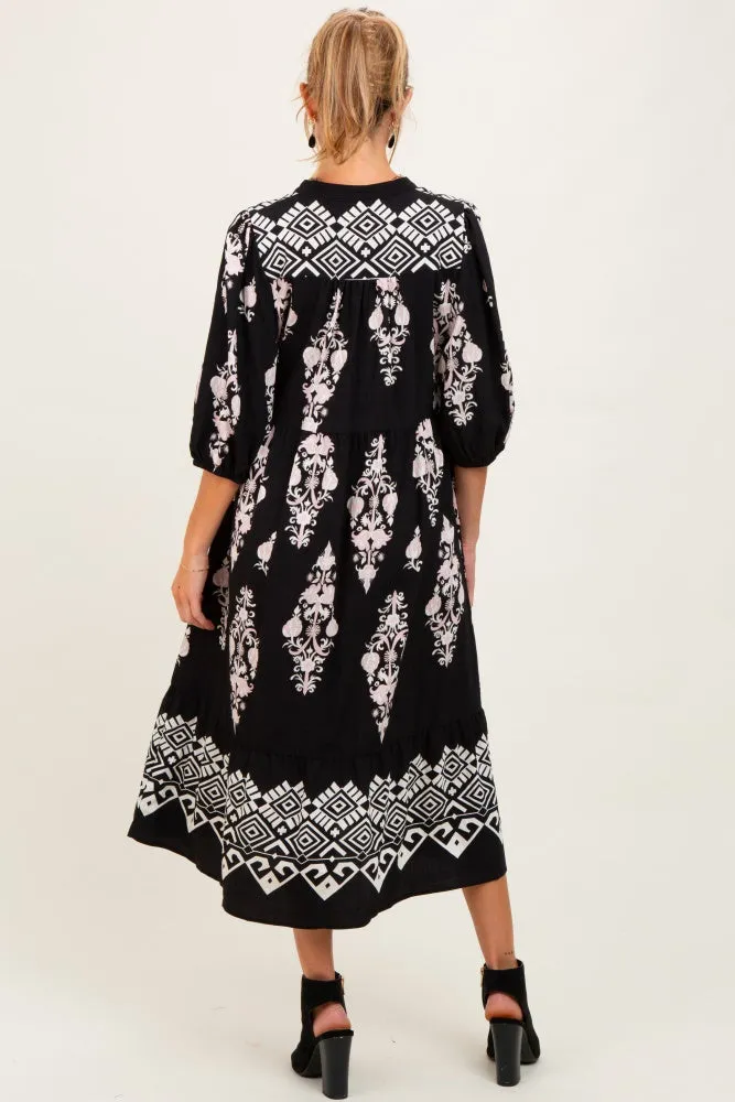 Black Damask Tassel Front Tie Tiered Maternity Midi Dress sold by Pinkblush product image thumbnail 3