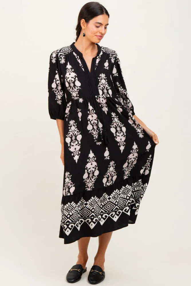 Black Damask Tassel Front Tie Tiered Maternity Midi Dress sold by Pinkblush product image thumbnail 4