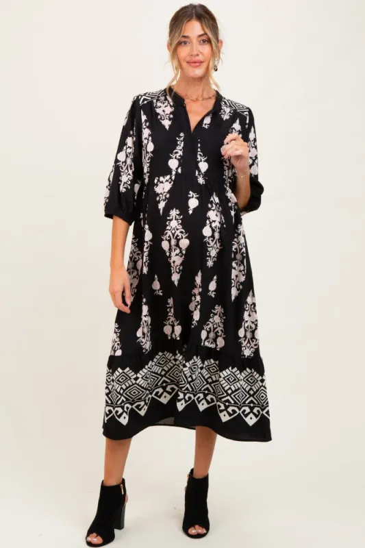 Black Damask Tassel Front Tie Tiered Maternity Midi Dress sold by Pinkblush