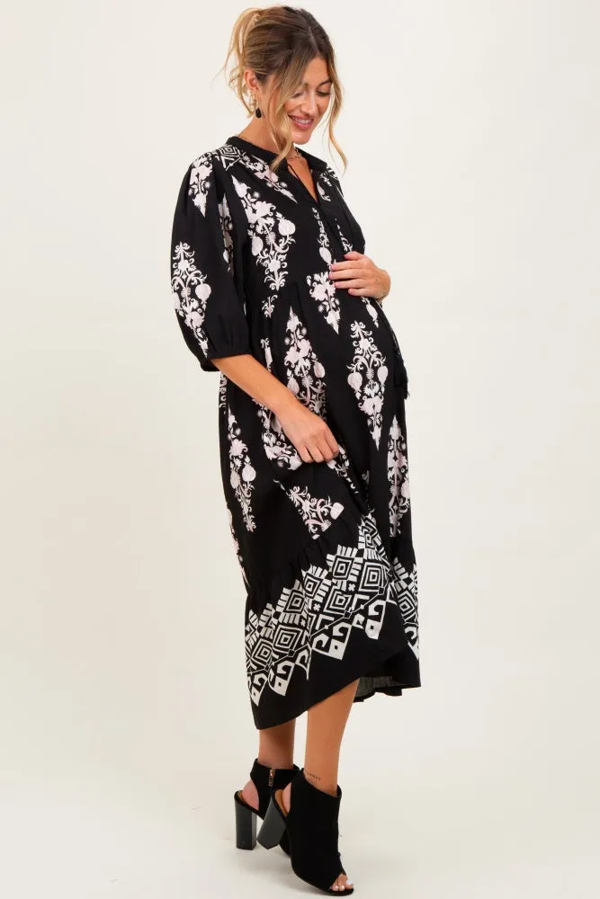 Black Damask Tassel Front Tie Tiered Maternity Midi Dress sold by Pinkblush product image thumbnail 2