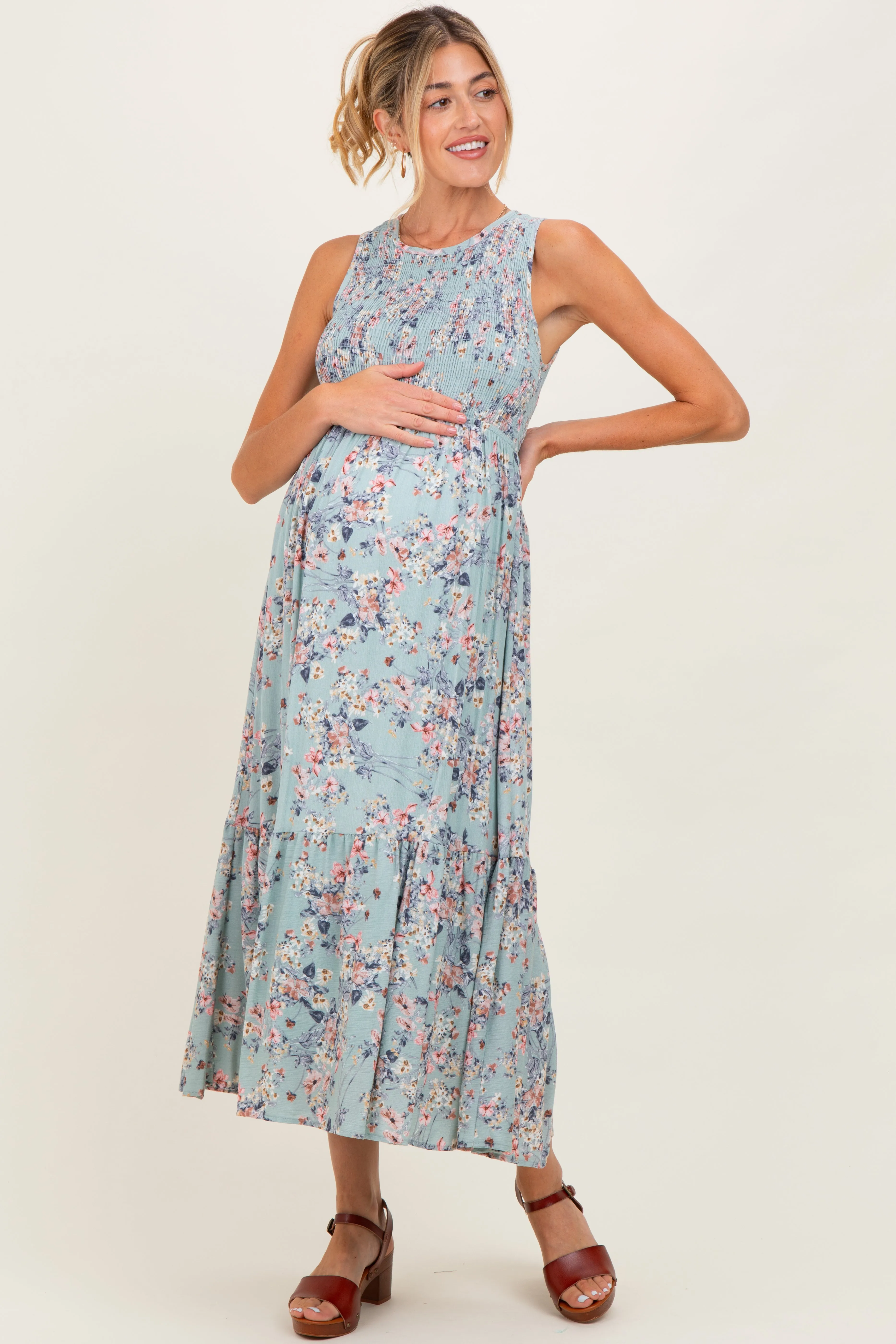 Sage Floral Print Smocked Top Sleeveless Tiered Maternity Maxi Dress sold by Pinkblush