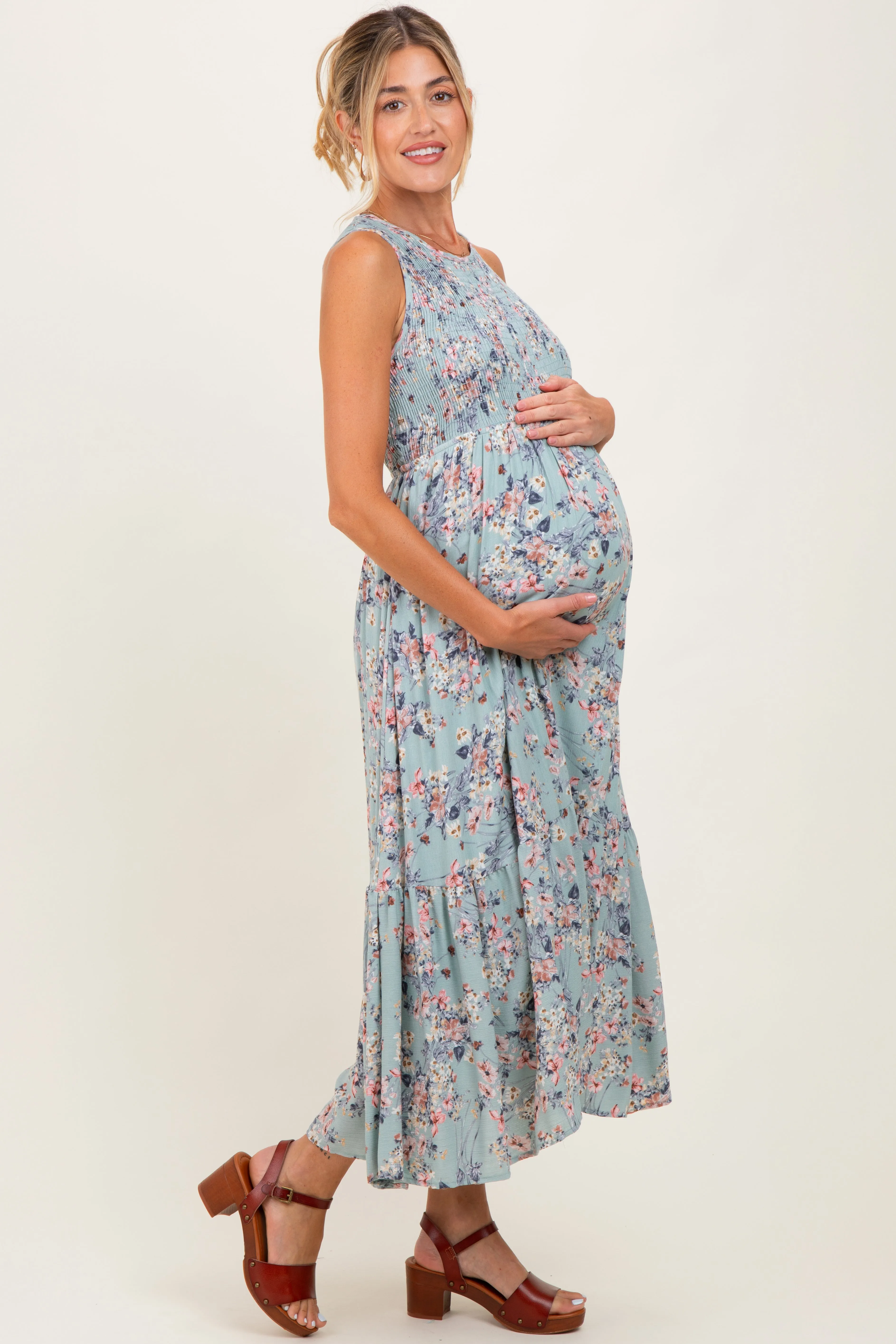 Sage Floral Print Smocked Top Sleeveless Tiered Maternity Maxi Dress sold by Pinkblush product image thumbnail 3
