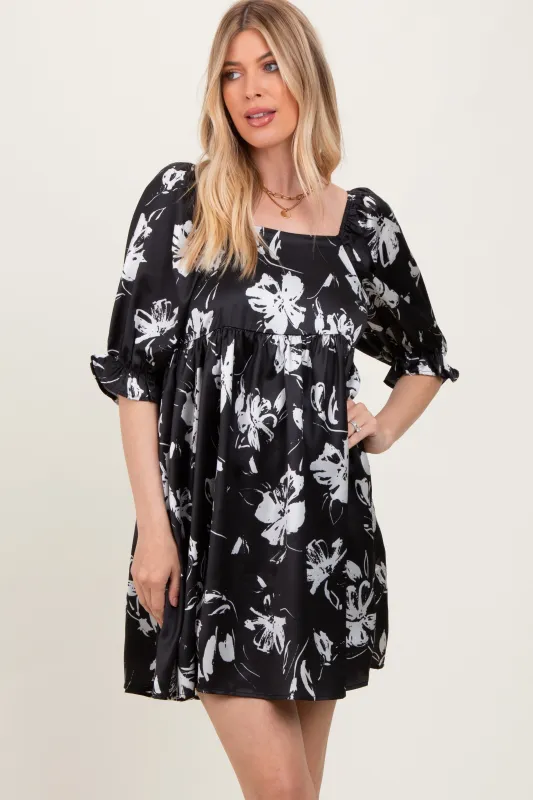 Black Satin Floral Square Neck Mini Dress sold by Pinkblush